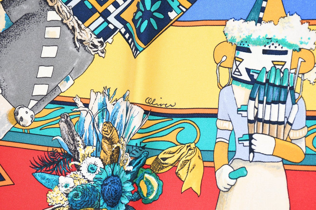 Hermes Scarf Kachina by Kermit Oliver 90 cm silk  red blue Carre 35" 052