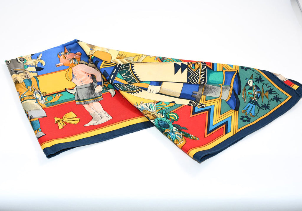 Hermes Scarf Kachina by Kermit Oliver 90 cm silk  red blue Carre 35" 052