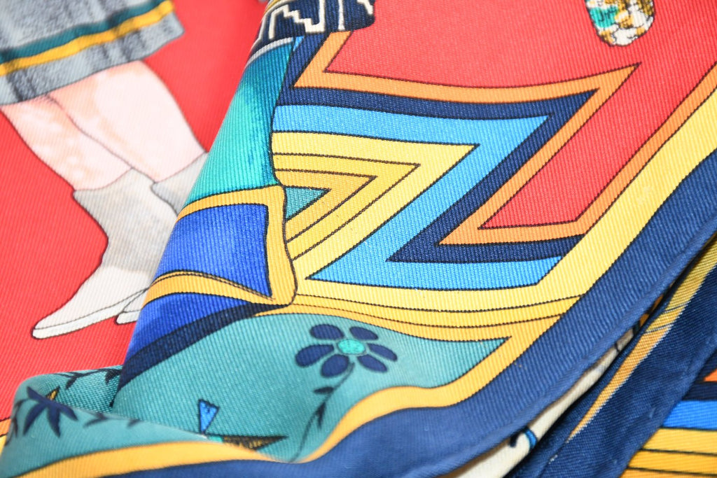Hermes Scarf Kachina by Kermit Oliver 90 cm silk  red blue Carre 35" 052