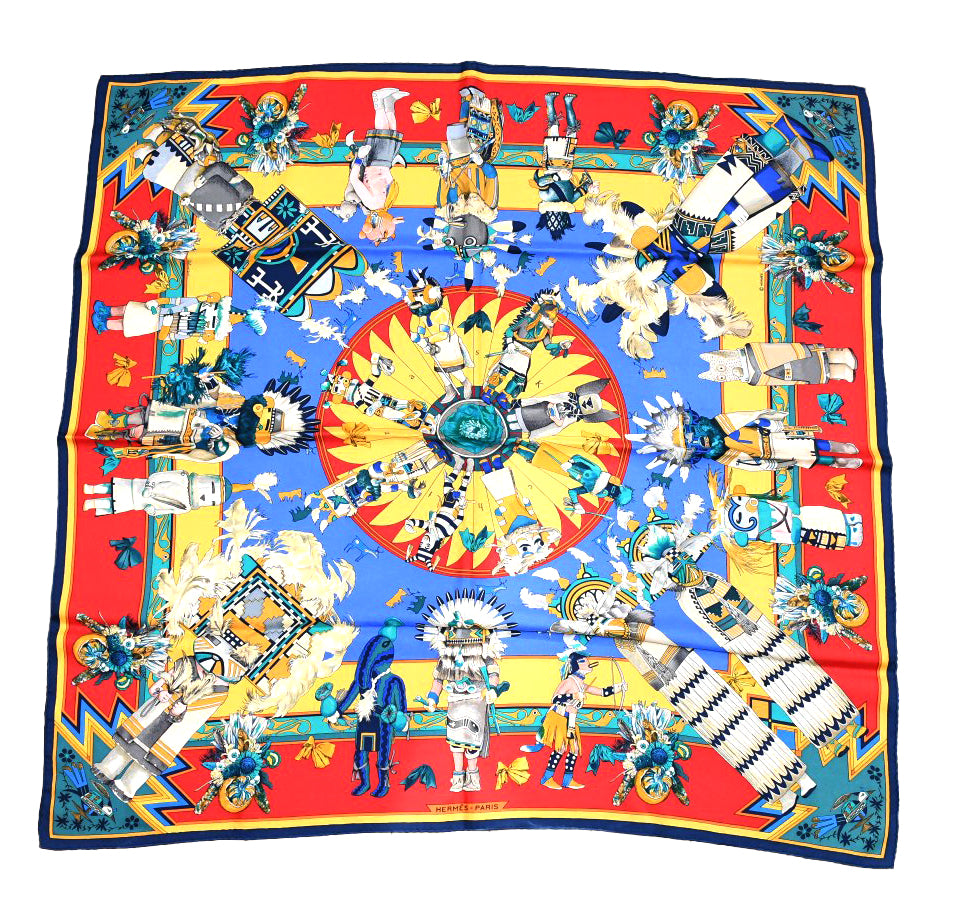 Hermes Scarf Kachina by Kermit Oliver 90 cm silk  red blue Carre 35" 052