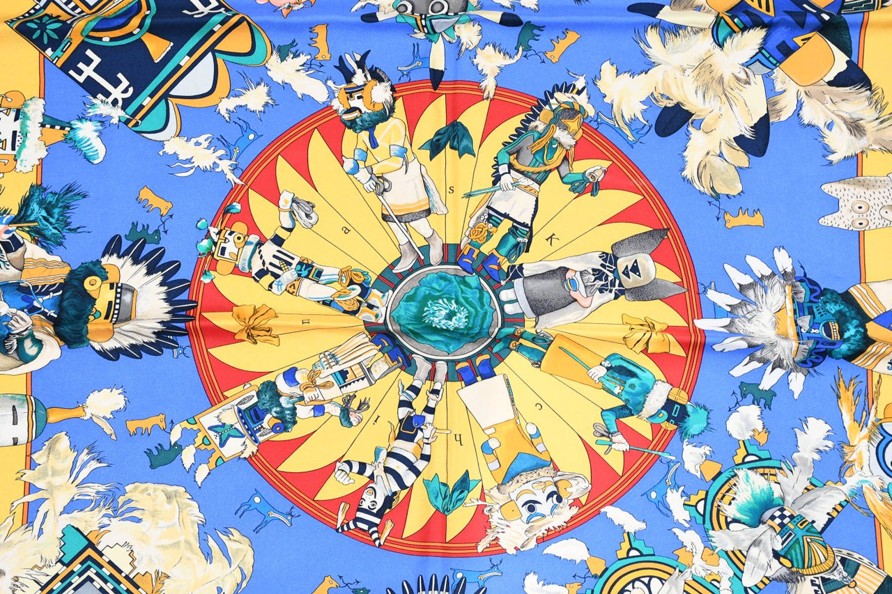 Hermes Scarf Kachina by Kermit Oliver 90 cm silk  red blue Carre 35" 052