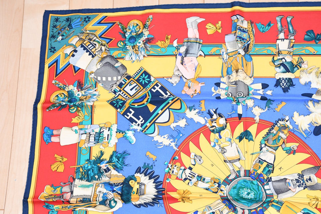 Hermes Scarf Kachina by Kermit Oliver 90 cm silk  red blue Carre 35" 052