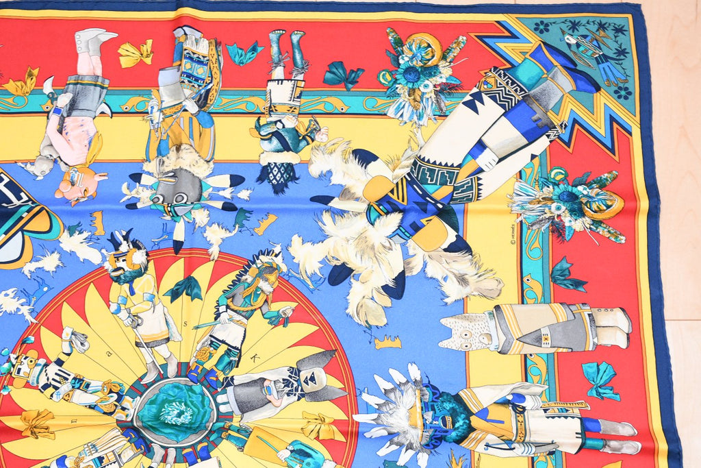 Hermes Scarf Kachina by Kermit Oliver 90 cm silk  red blue Carre 35" 052
