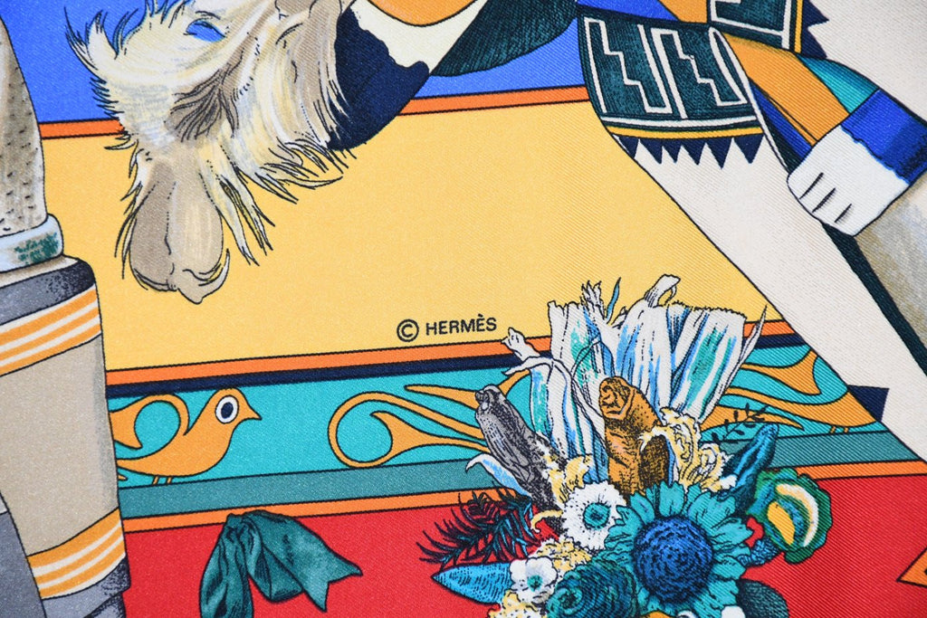 Hermes Scarf Kachina by Kermit Oliver 90 cm silk red yellow Carre 35" 053