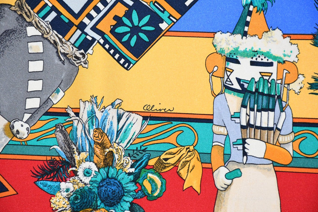 Hermes Scarf Kachina by Kermit Oliver 90 cm silk red yellow Carre 35" 053