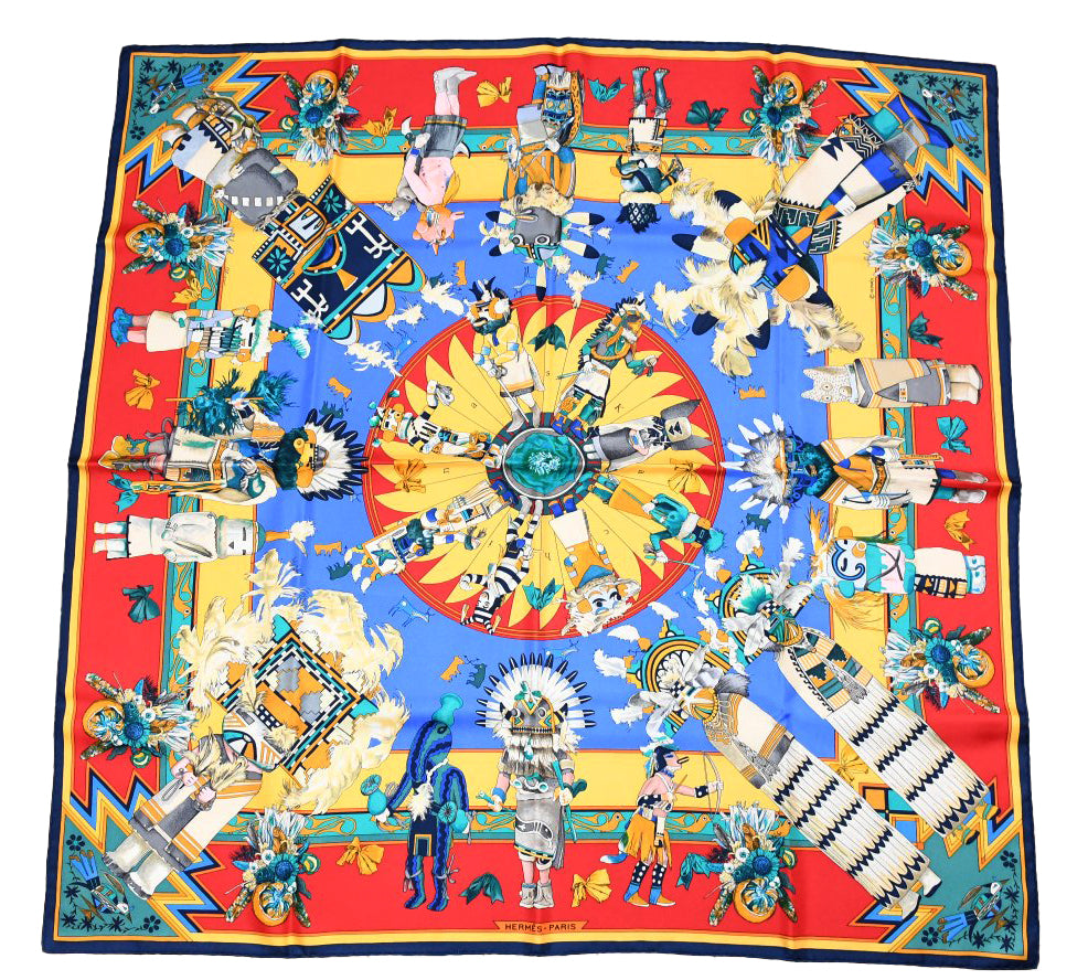 Hermes Scarf Kachina by Kermit Oliver 90 cm silk red yellow Carre 35" 053