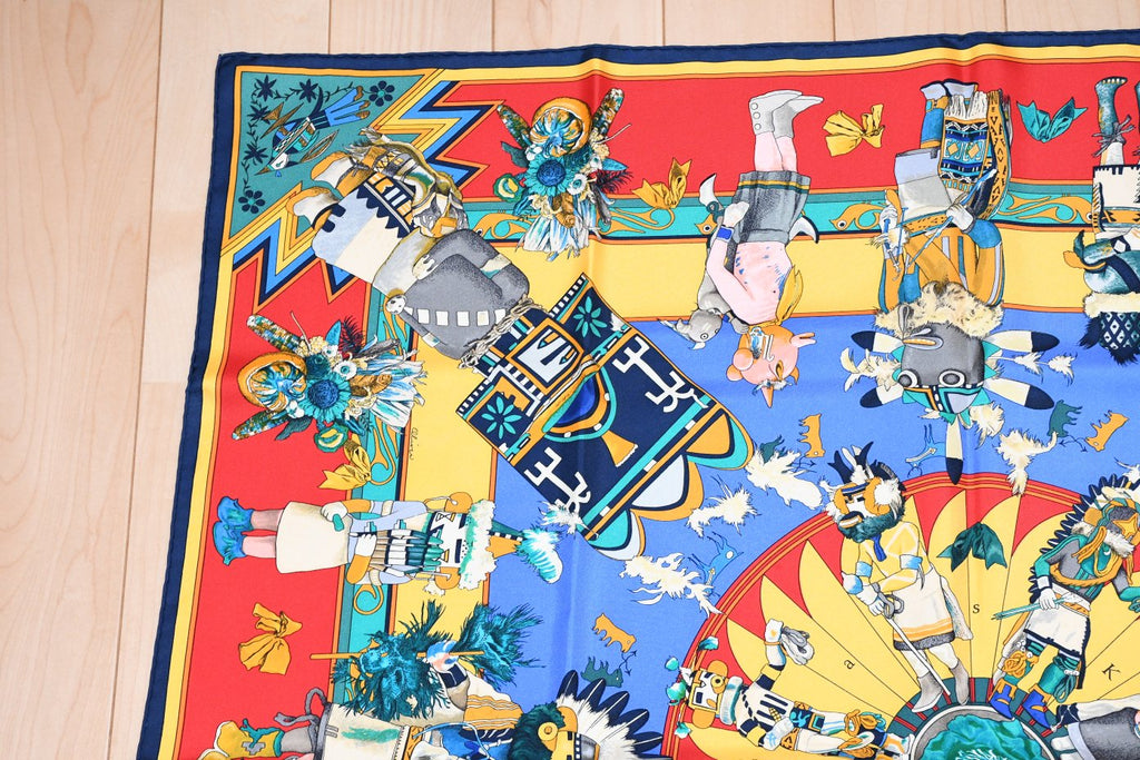Hermes Scarf Kachina by Kermit Oliver 90 cm silk red yellow Carre 35" 053