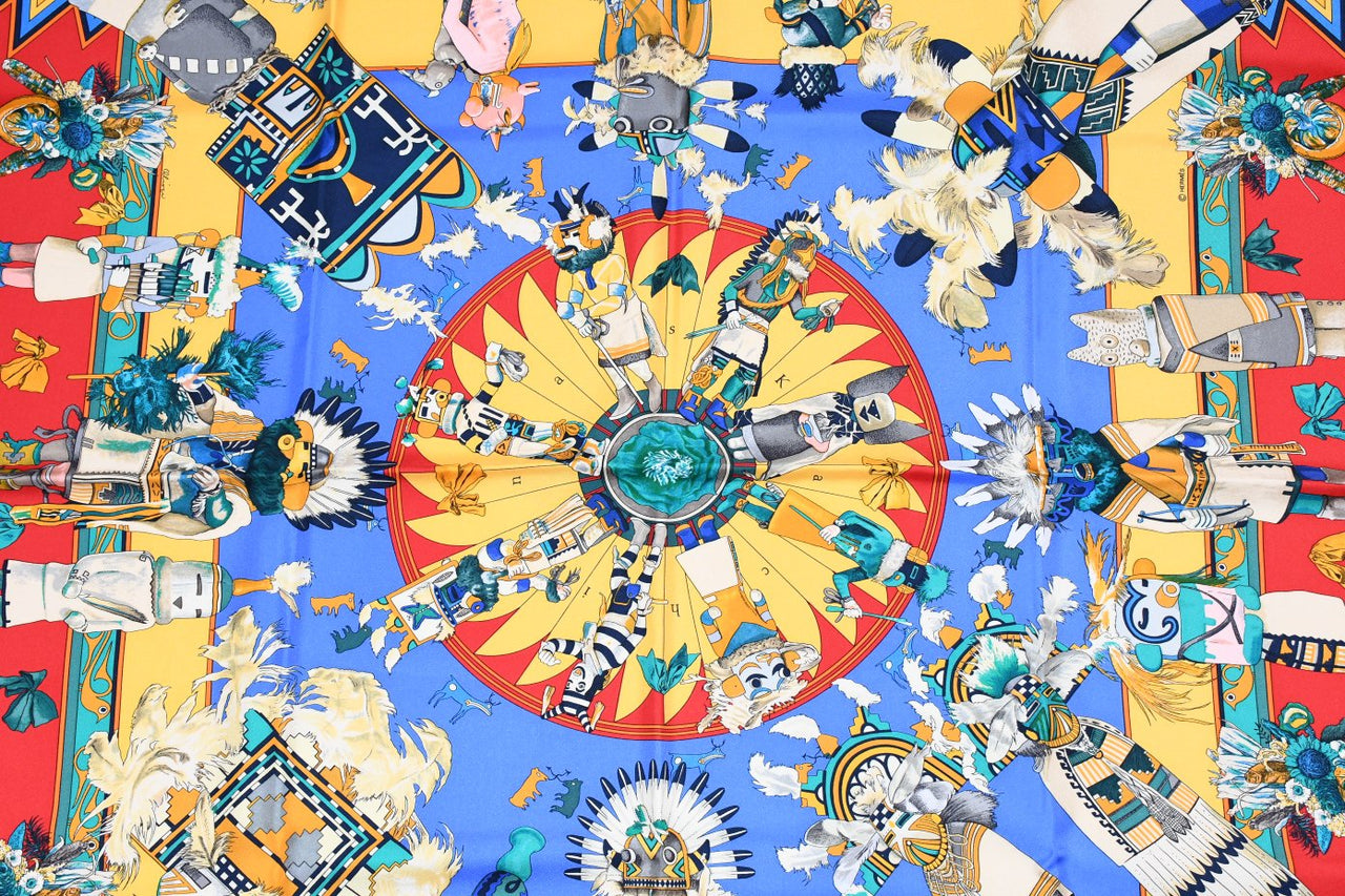 Hermes Scarf Kachina by Kermit Oliver 90 cm silk red yellow Carre 35" 053