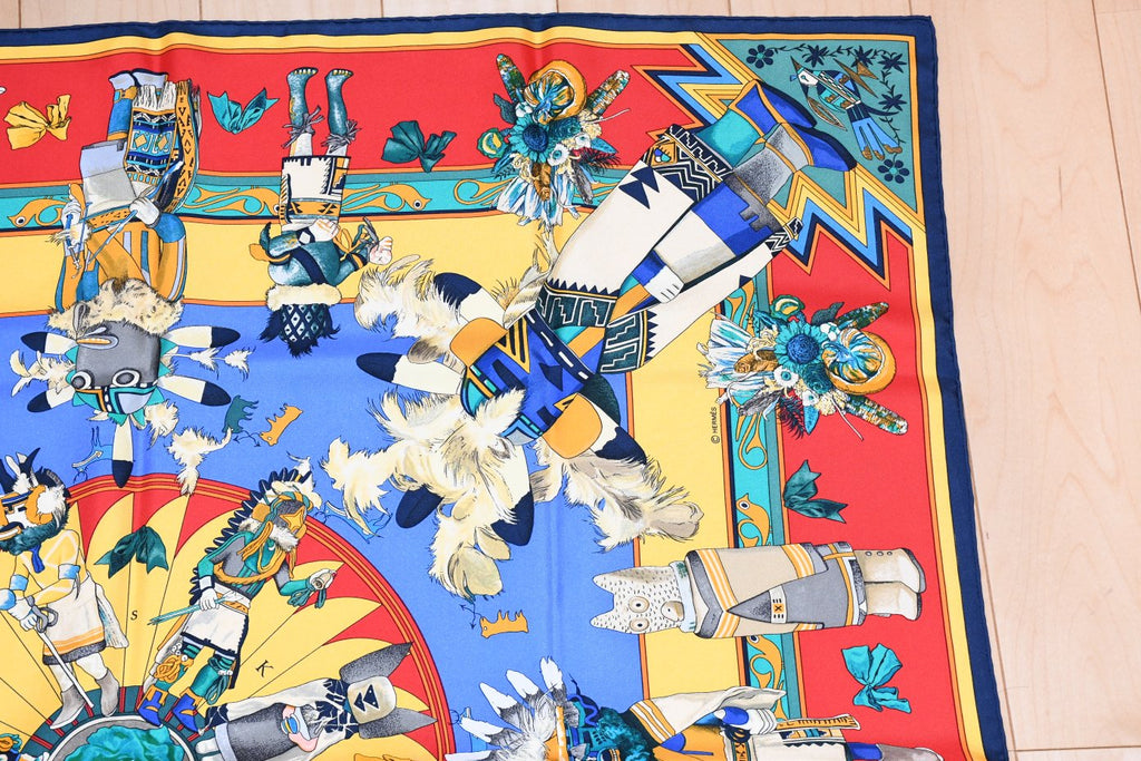 Hermes Scarf Kachina by Kermit Oliver 90 cm silk red yellow Carre 35" 053