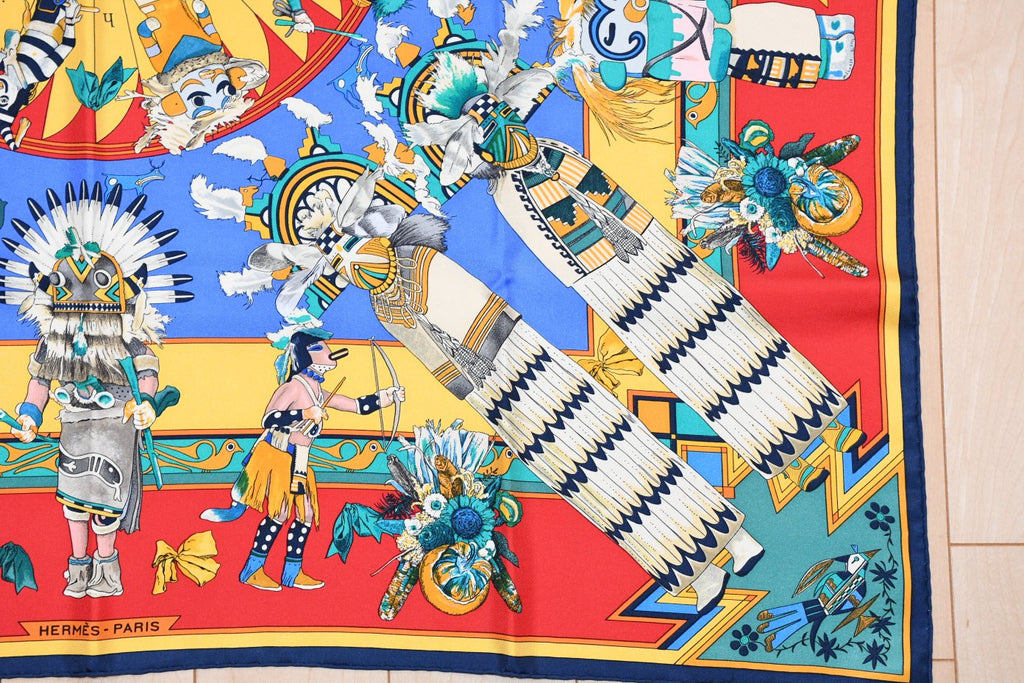 Hermes Scarf Kachina by Kermit Oliver 90 cm silk red yellow Carre 35" 053