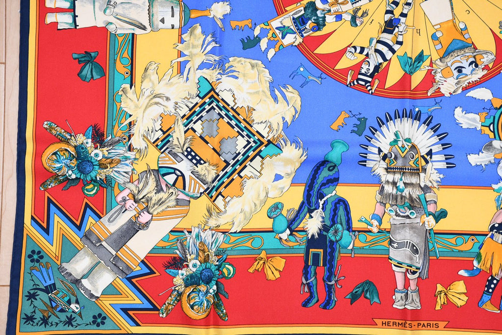 Hermes Scarf Kachina by Kermit Oliver 90 cm silk red yellow Carre 35" 053