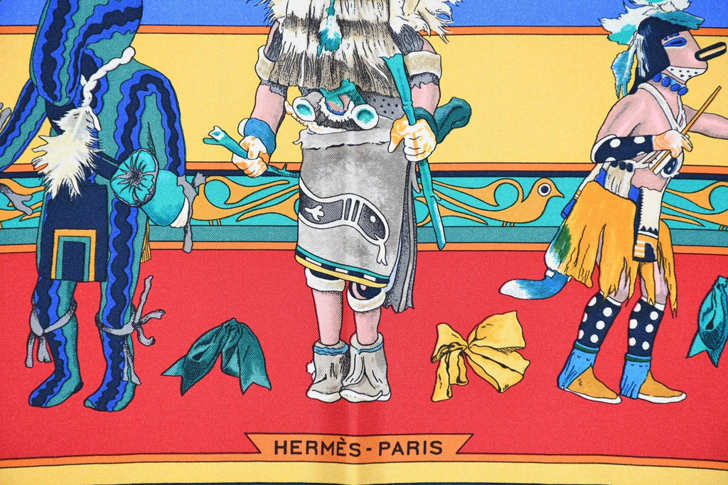 Hermes Scarf Kachina by Kermit Oliver 90 cm silk red yellow Carre 35" 053