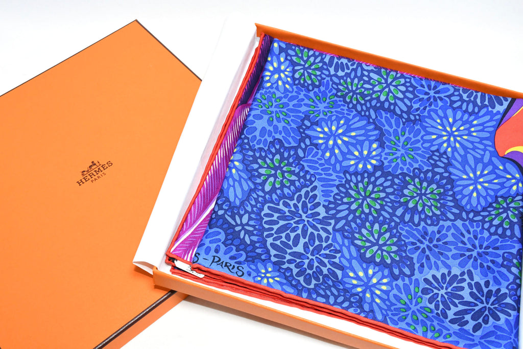 Hermes Scarf L'Esprit de la Foret 90 cm silk blue Carre forest butterfly
