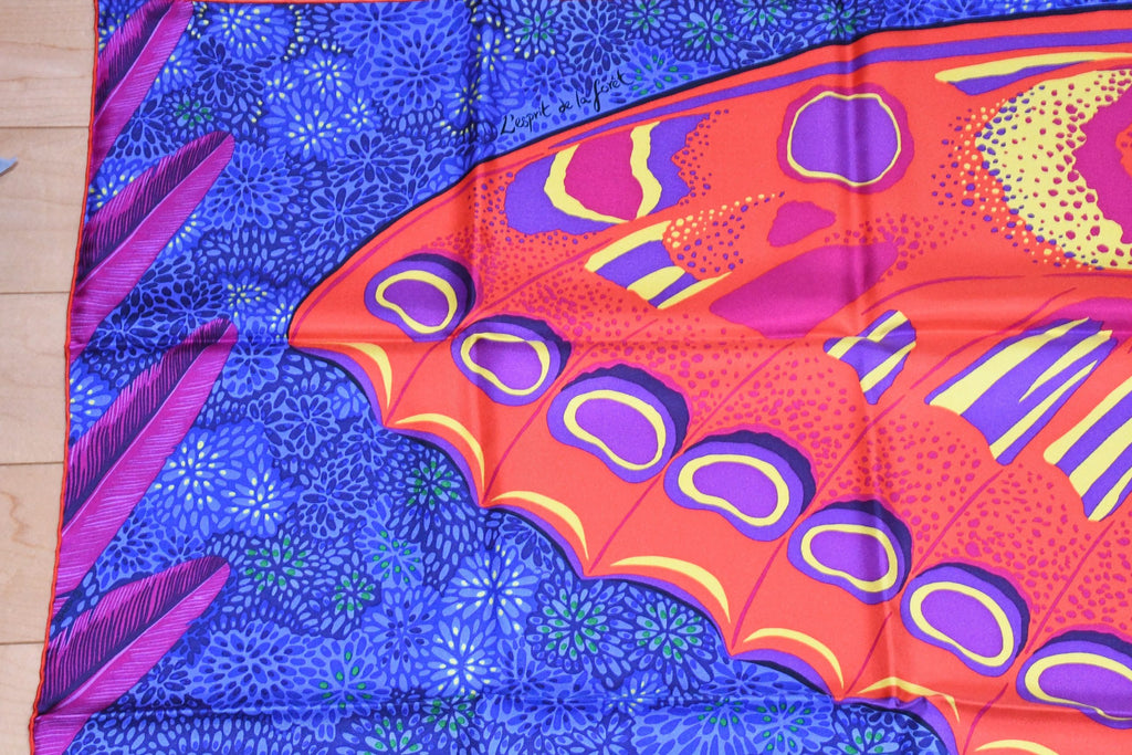 Hermes Scarf L'Esprit de la Foret 90 cm silk blue Carre forest butterfly