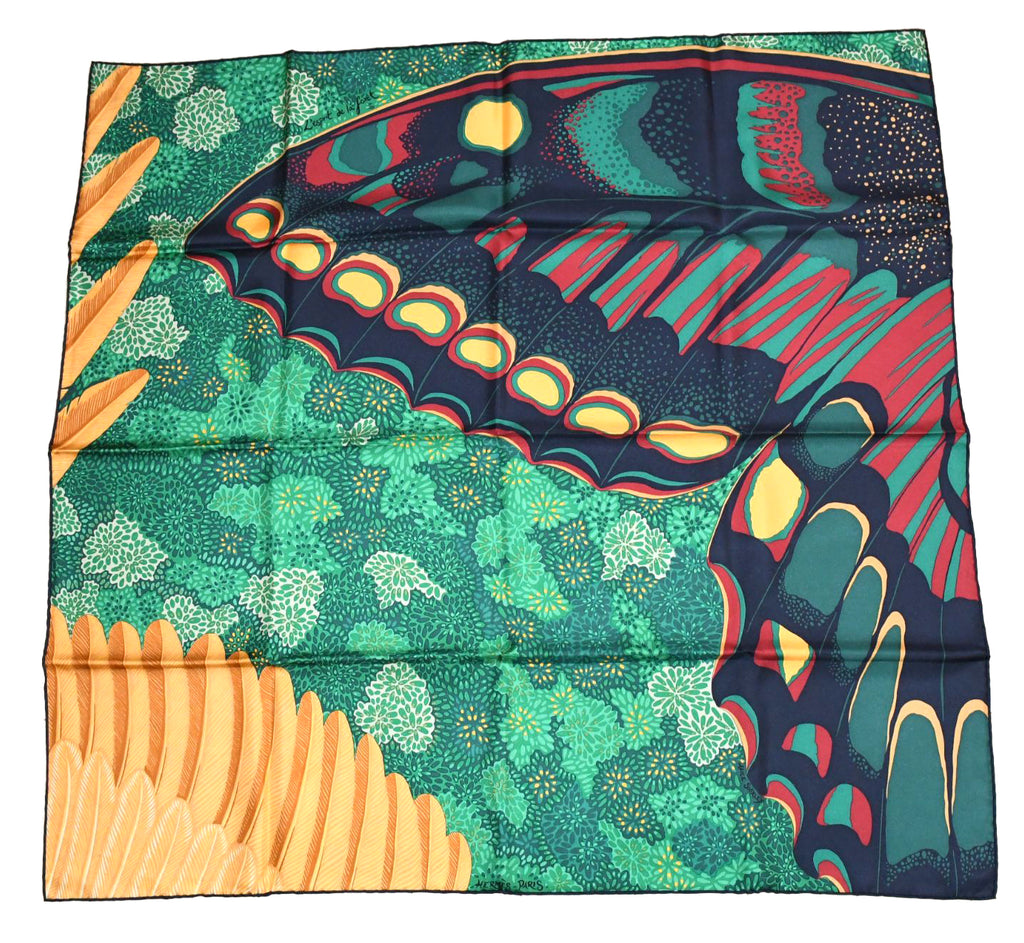 Hermes Scarf L'Esprit de la Foret 90 cm silk green yellow Carre forest butterfly
