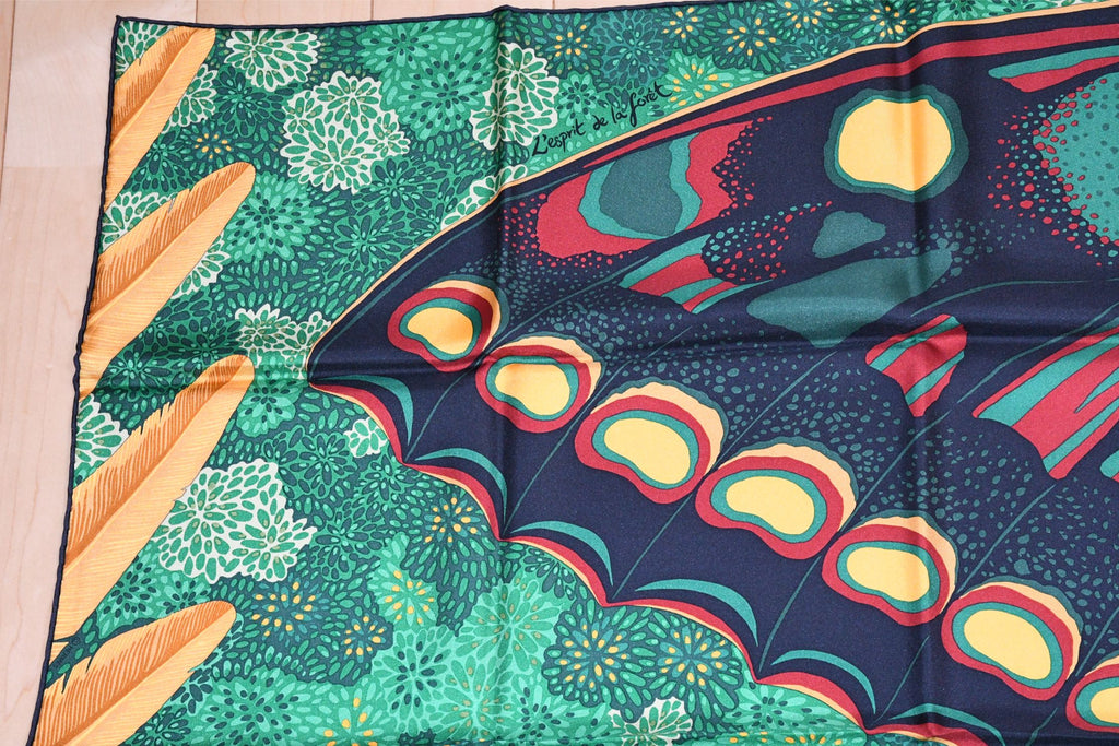 Hermes Scarf L'Esprit de la Foret 90 cm silk green yellow Carre forest butterfly