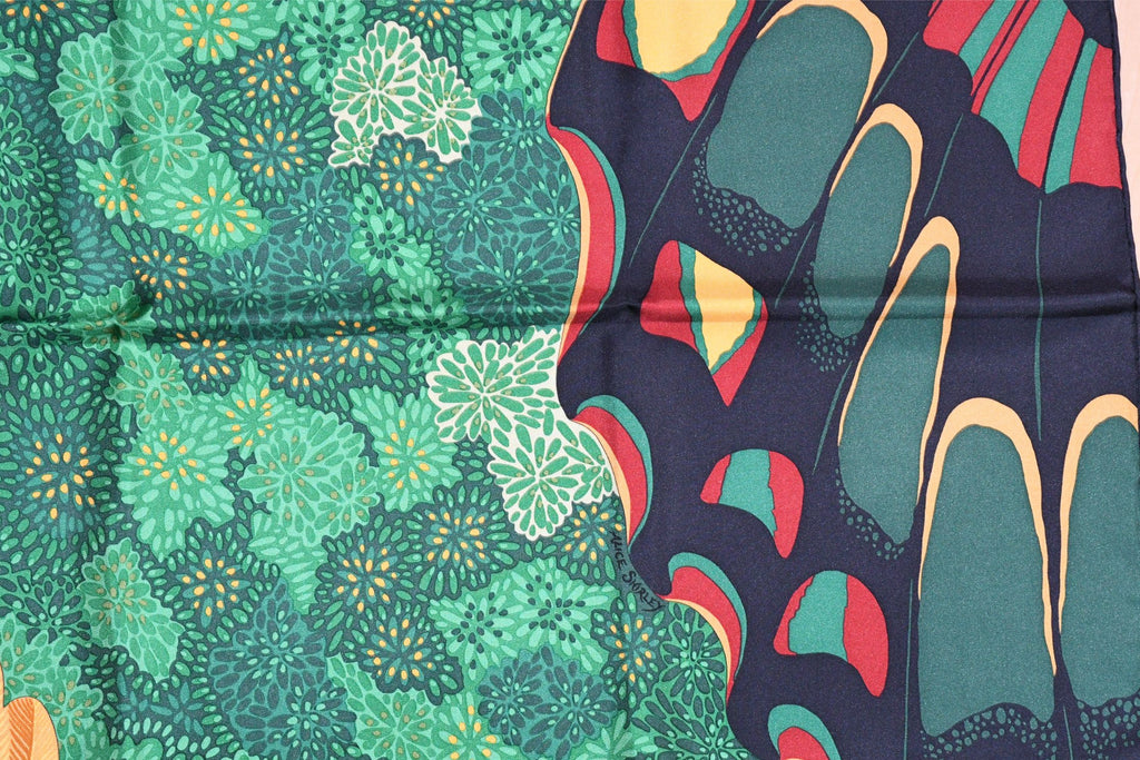 Hermes Scarf L'Esprit de la Foret 90 cm silk green yellow Carre forest butterfly