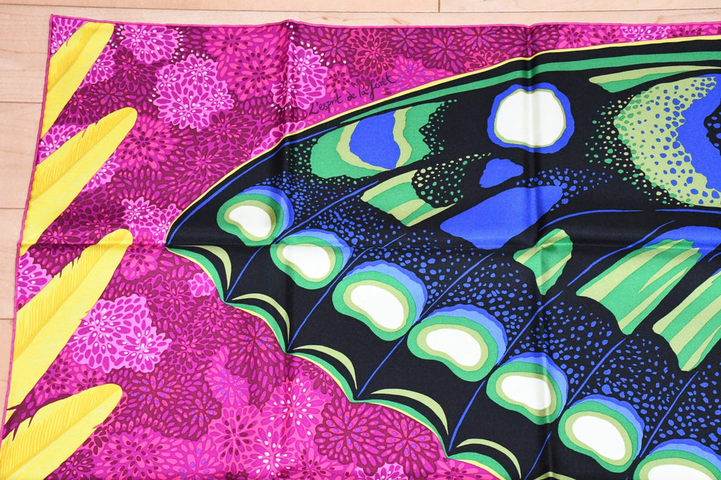 Hermes Scarf L'Esprit de la Foret 90 cm silk purple Carre forest butterfly