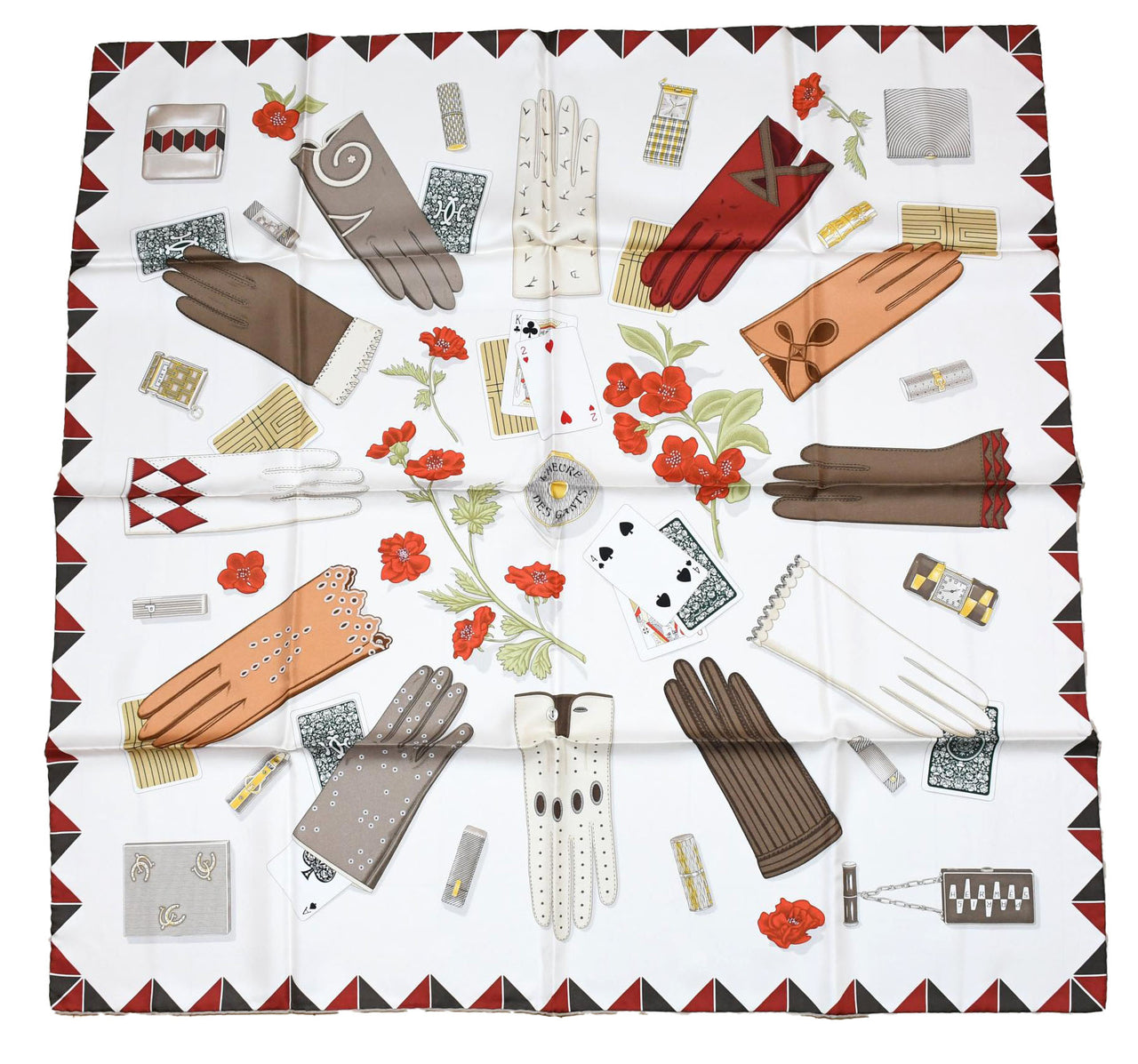 Hermes Scarf L'Heure des Gants scarf 90 cm silk white Carre gloves watch 35"