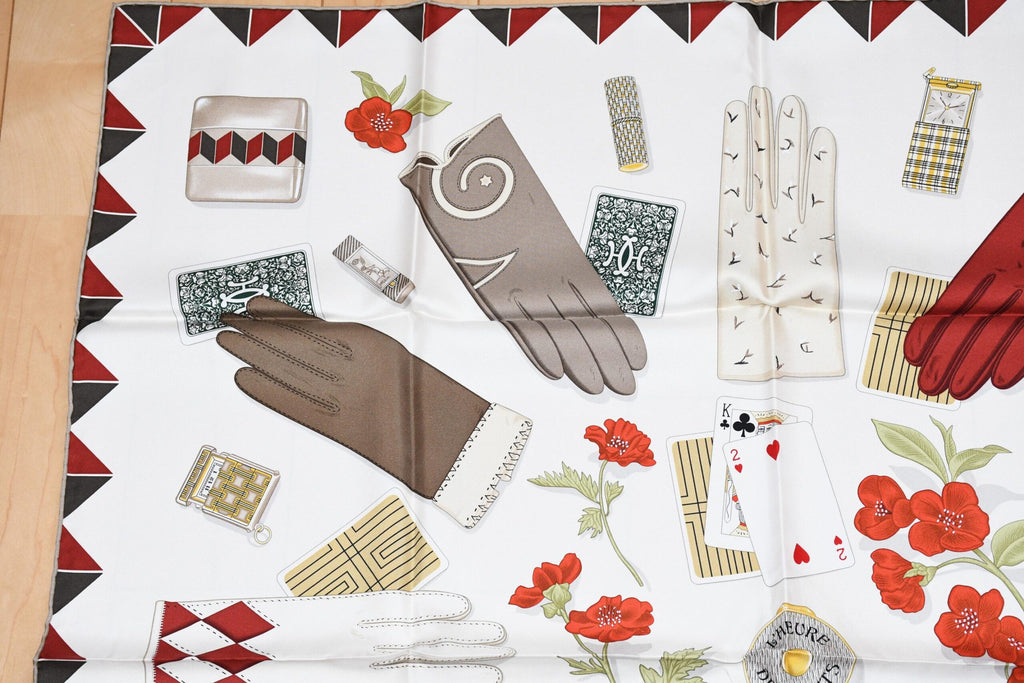 Hermes Scarf L'Heure des Gants scarf 90 cm silk white Carre gloves watch 35"