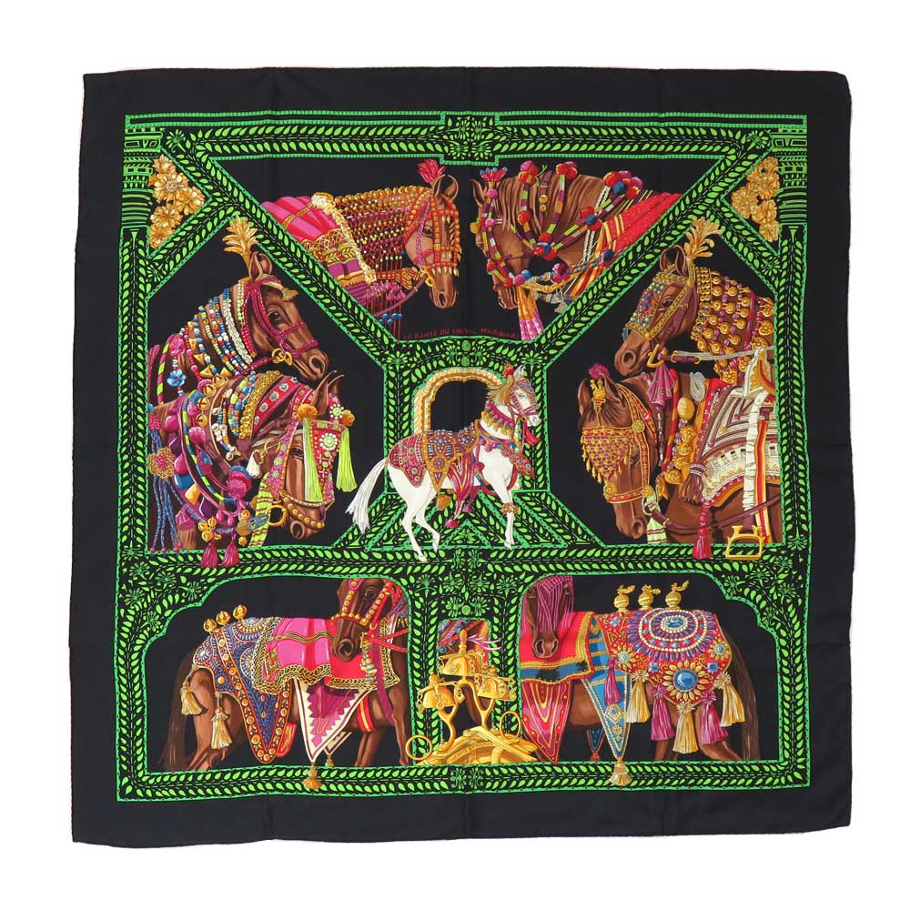 Hermes Scarf La Danse du Cheval Marwari 90 cm silk black green Carre horse 35"