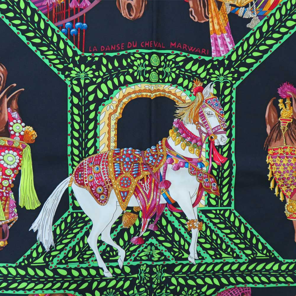 Hermes Scarf La Danse du Cheval Marwari 90 cm silk black green Carre horse 35"