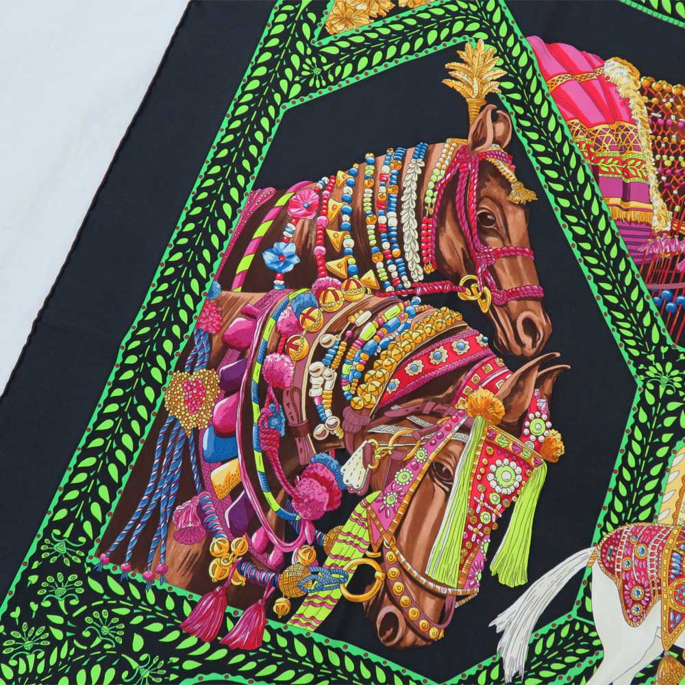 Hermes Scarf La Danse du Cheval Marwari 90 cm silk black green Carre horse 35"
