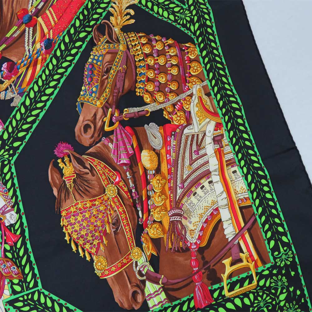Hermes Scarf La Danse du Cheval Marwari 90 cm silk black green Carre horse 35"