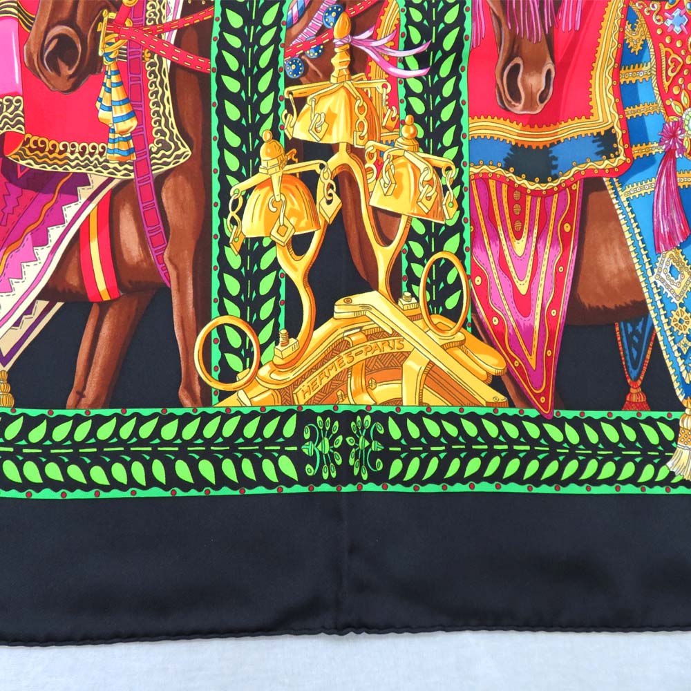 Hermes Scarf La Danse du Cheval Marwari 90 cm silk black green