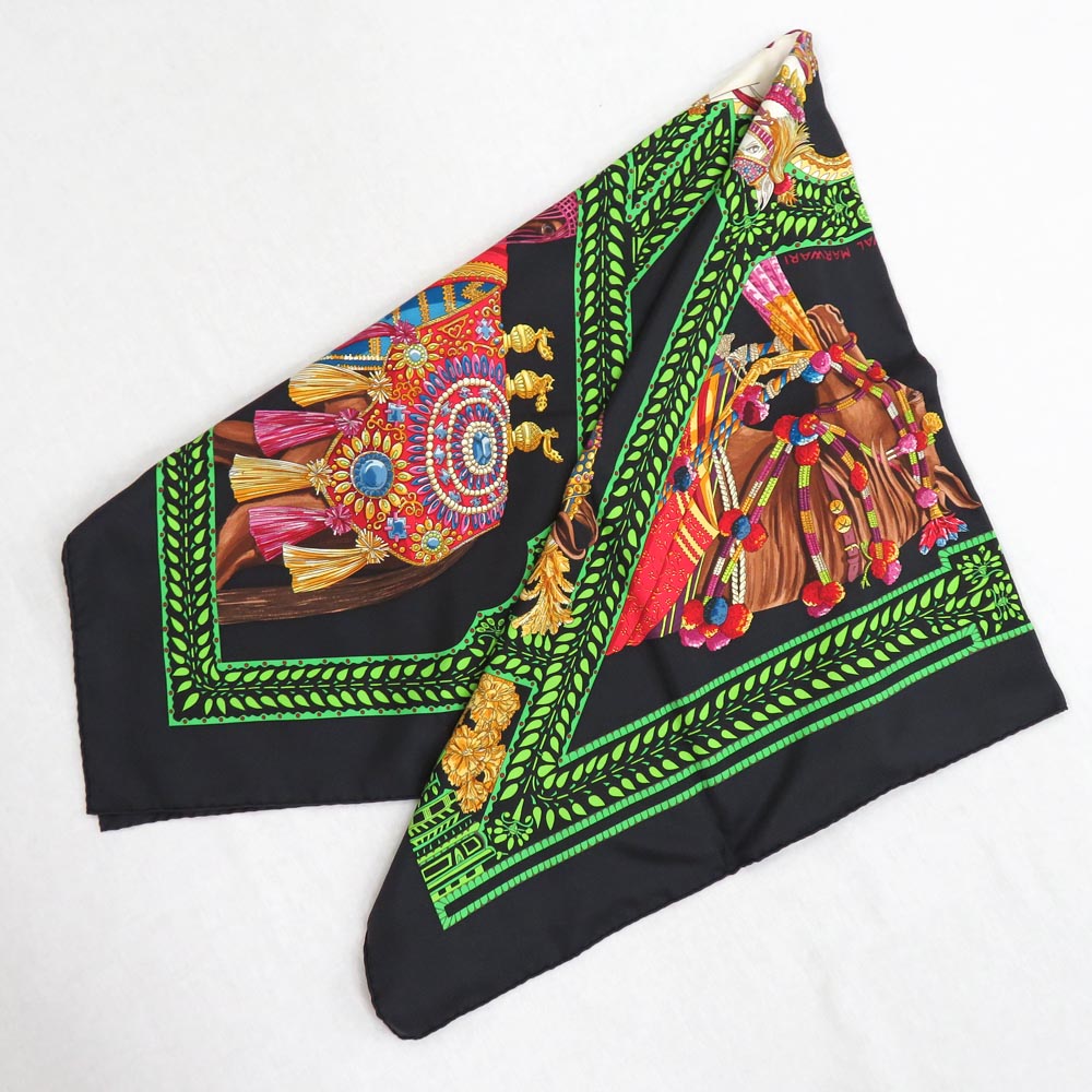 Hermes Scarf La Danse du Cheval Marwari 90 cm silk black green Carre horse 35"