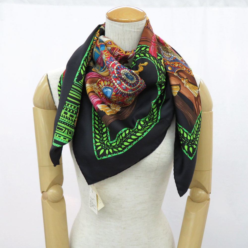 Hermes Scarf La Danse du Cheval Marwari 90 cm silk black green Carre horse 35"