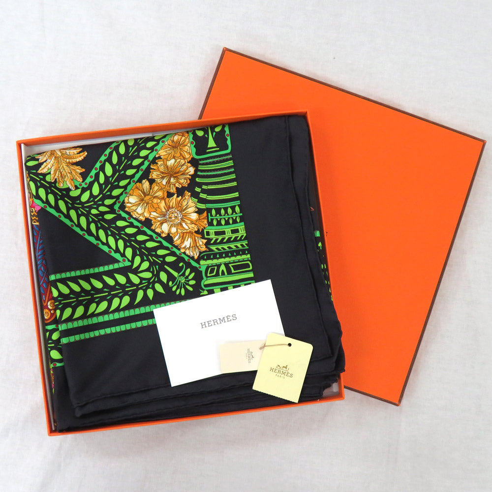 Hermes Scarf La Danse du Cheval Marwari 90 cm silk black green Carre horse 35"