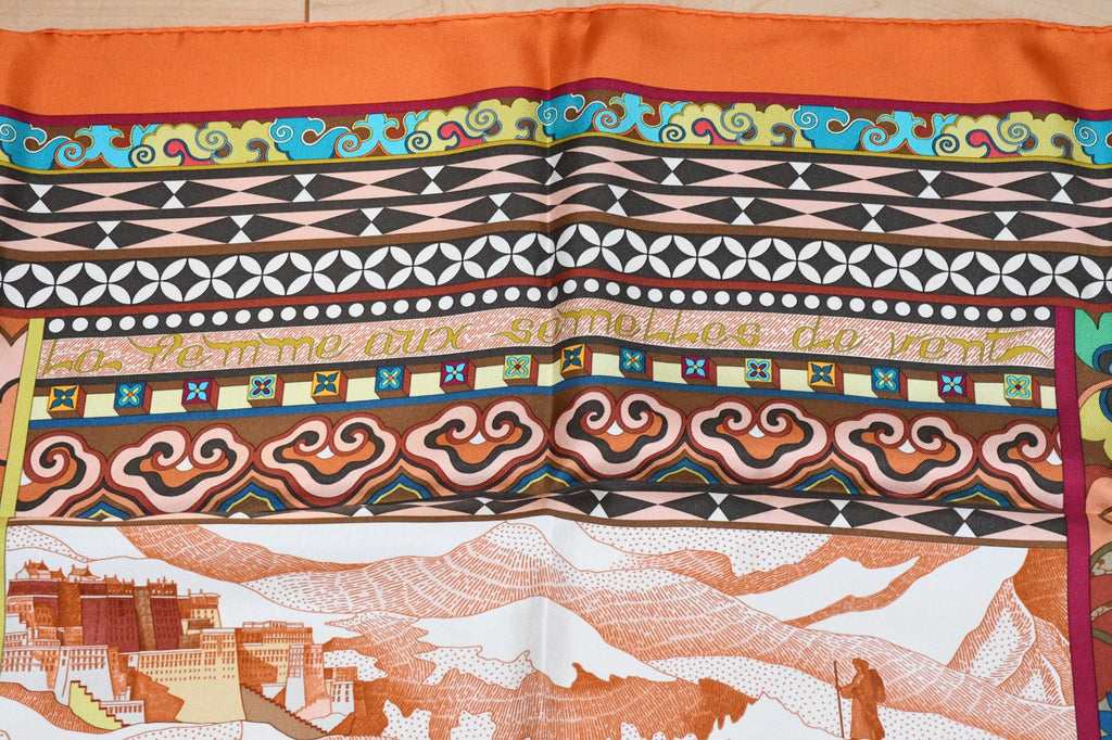 Hermes Scarf La Femme aux Semelles de Vent 90 cm silk orange Carre wind