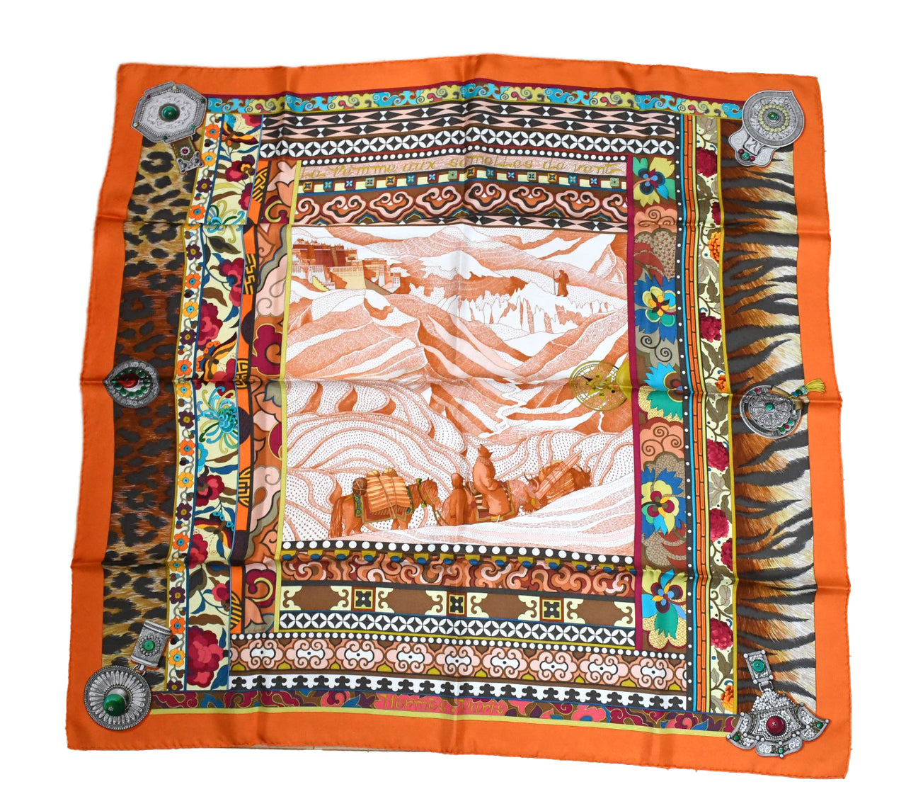 Hermes Scarf La Femme aux Semelles de Vent 90 cm silk orange Carre wind