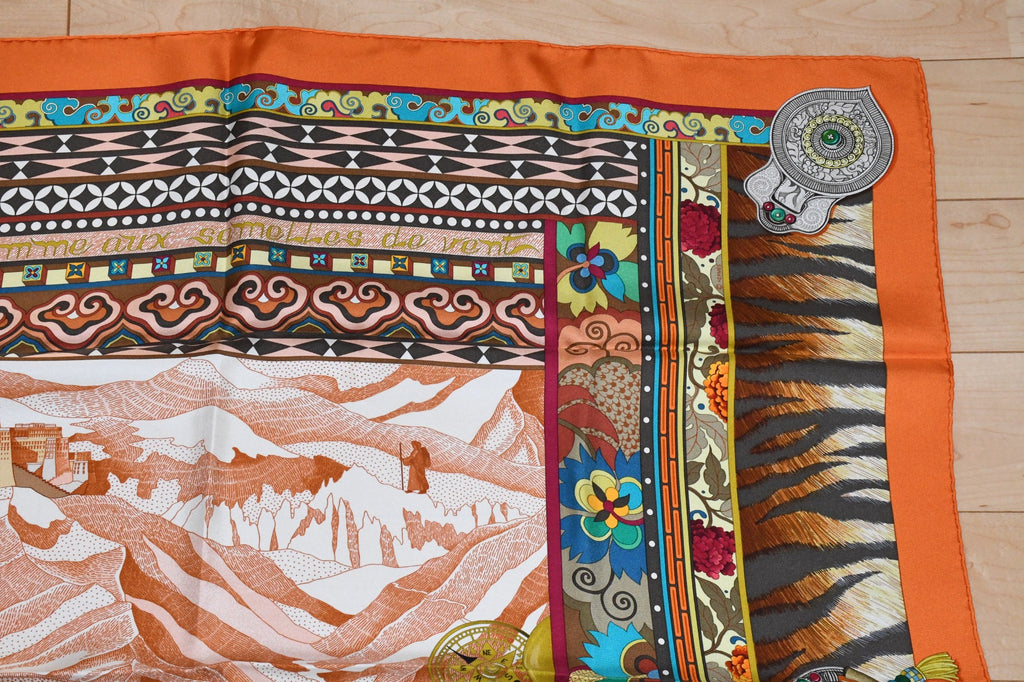 Hermes Scarf La Femme aux Semelles de Vent 90 cm silk orange Carre wind