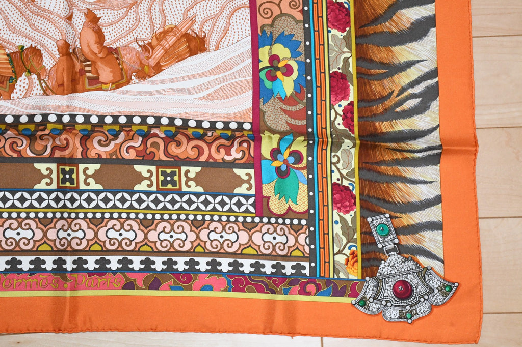 Hermes Scarf La Femme aux Semelles de Vent 90 cm silk orange Carre wind
