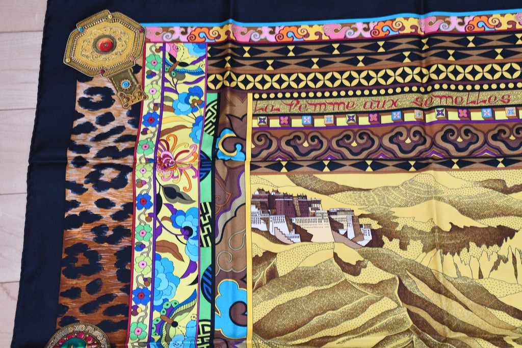 Hermes Scarf La Femme aux Semelles de Vent Silk 90 cm black Carre wind ship 35"