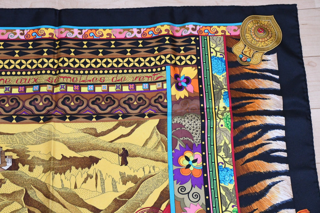 Hermes Scarf La Femme aux Semelles de Vent Silk 90 cm black Carre wind ship 35"
