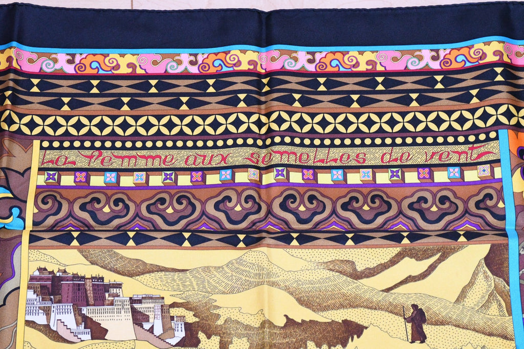 Hermes Scarf La Femme aux Semelles de Vent Silk 90 cm black Carre wind ship 35"
