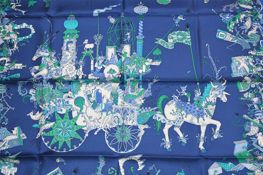 Hermes Scarf La Folle Parade 90 cm silk blue Carre horse carriage 35"