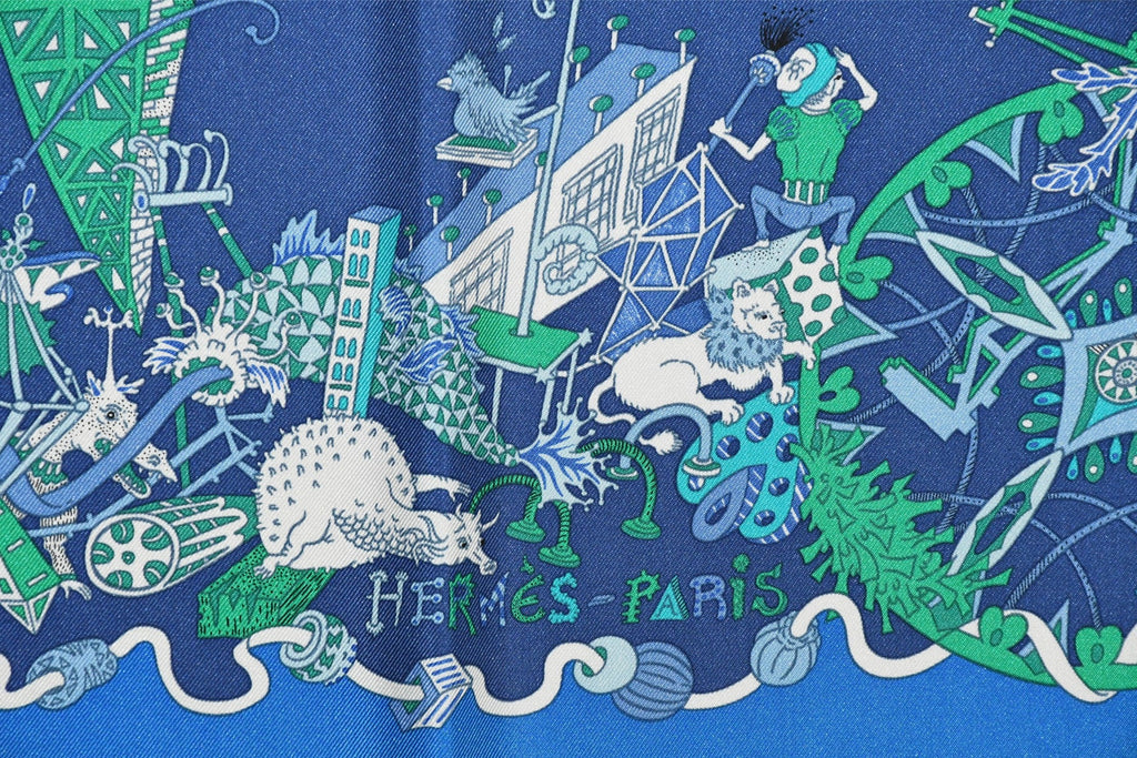 Hermes Scarf La Folle Parade 90 cm silk blue Carre horse carriage 35"