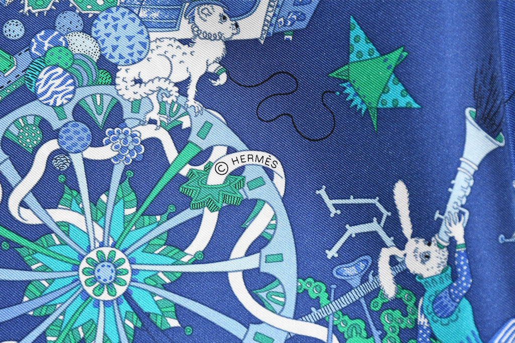 Hermes Scarf La Folle Parade 90 cm silk blue Carre horse carriage 35"