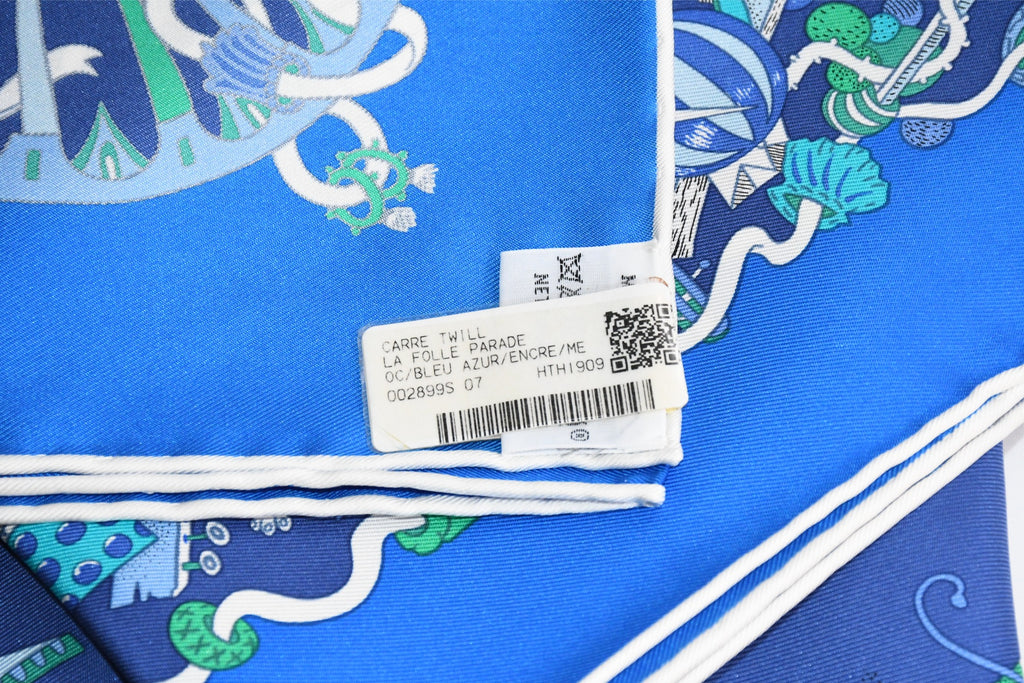 Hermes Scarf La Folle Parade 90 cm silk blue Carre horse carriage 35"