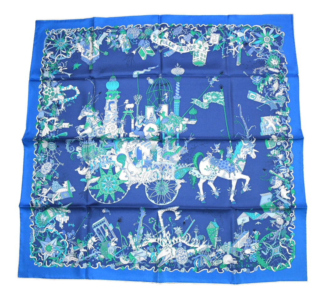 Hermes Scarf La Folle Parade 90 cm silk blue Carre horse carriage 35"