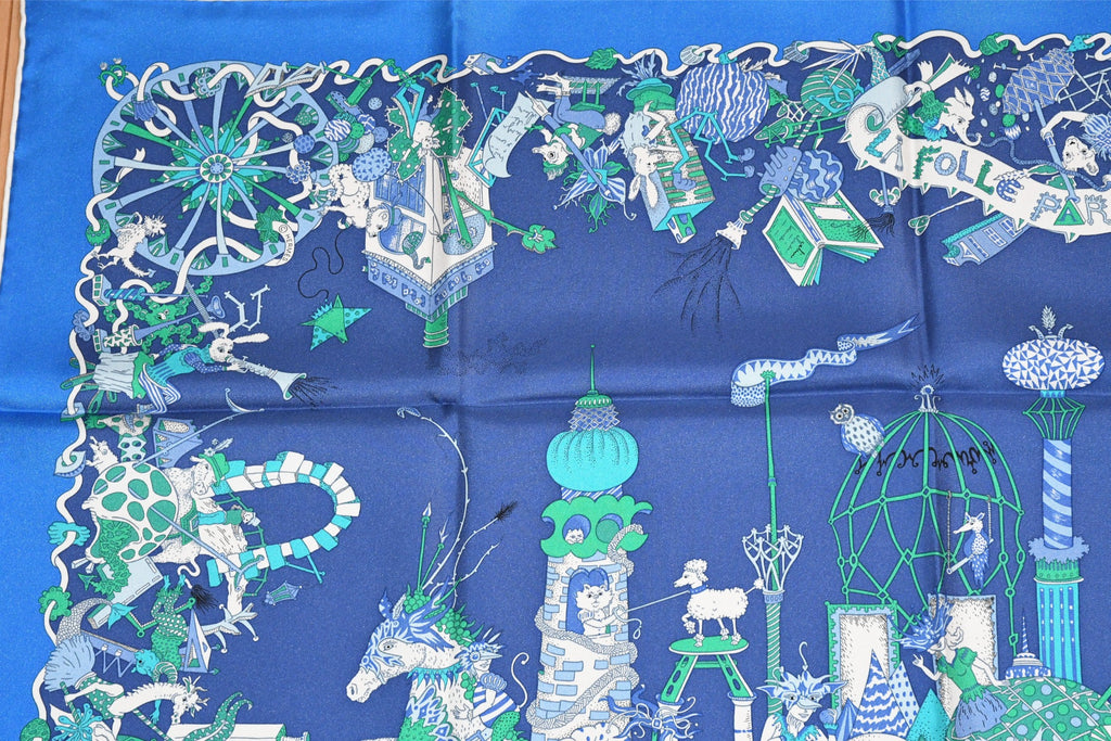 Hermes Scarf La Folle Parade 90 cm silk blue Carre horse carriage 35"