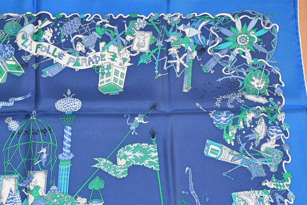 Hermes Scarf La Folle Parade 90 cm silk blue Carre horse carriage 35"