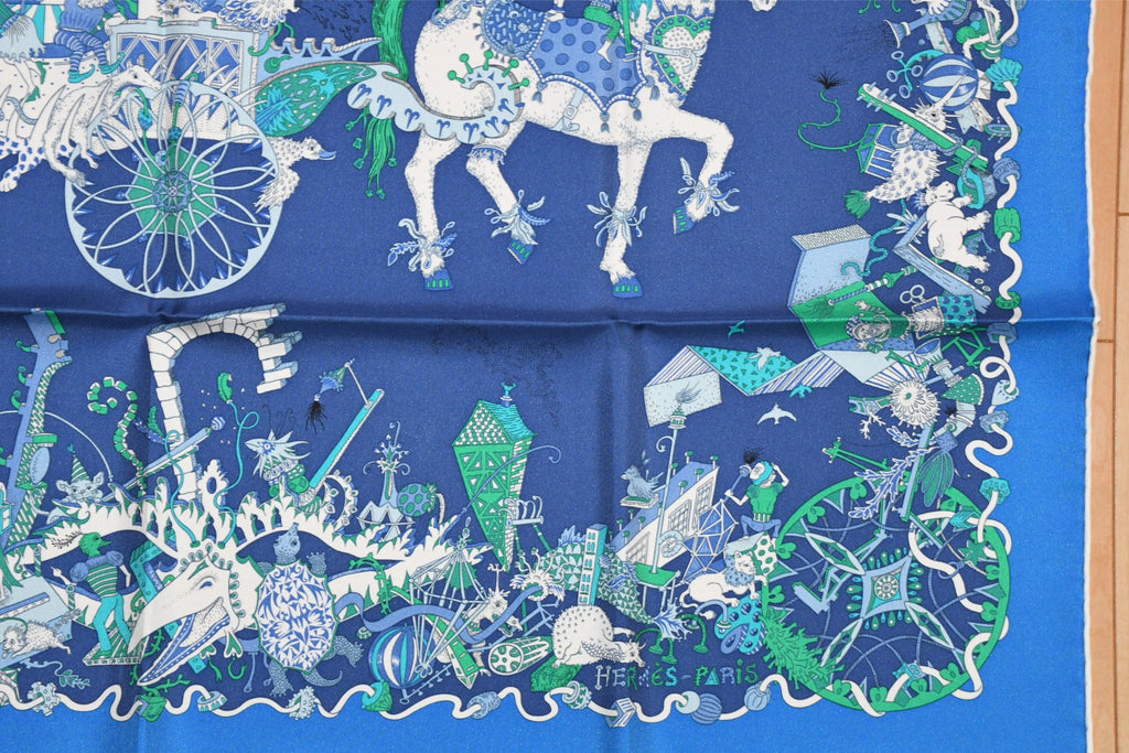 Hermes Scarf La Folle Parade 90 cm silk blue Carre horse carriage 35"
