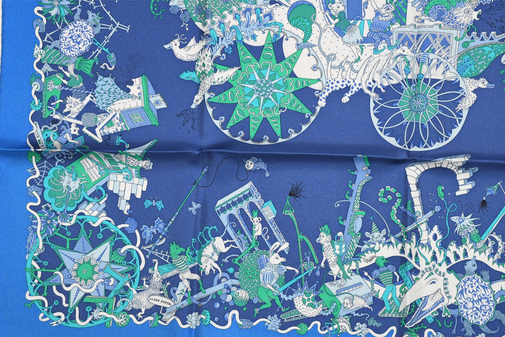 Hermes Scarf La Folle Parade 90 cm silk blue Carre horse carriage 35"