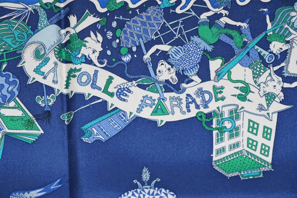 Hermes Scarf La Folle Parade 90 cm silk blue Carre horse carriage 35"