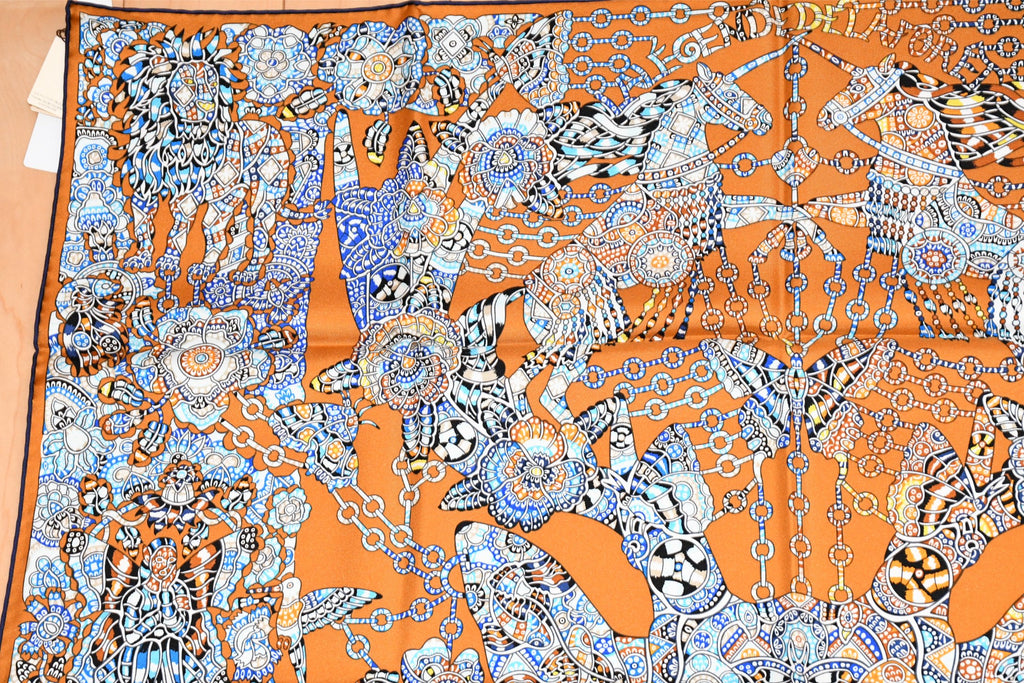 Hermes Scarf La Legende de la Foret 90 cm orange forest deer animal Carre 35"
